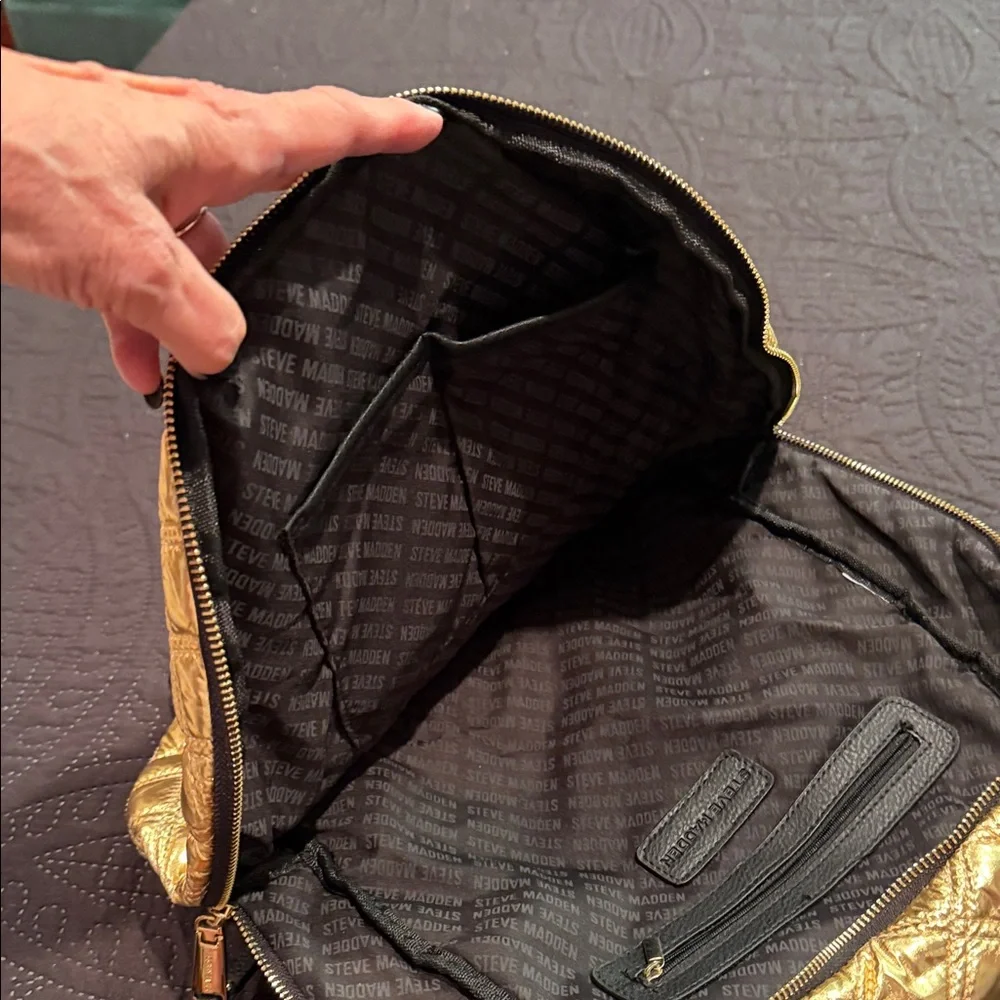 Steve Madden Quilted Metallic Gold and Black Backpack Set. - Picture 10 of 14